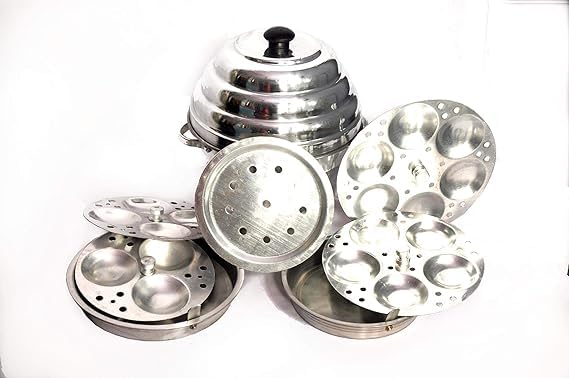 Image of Malti Aluminium Multi-Purpose Steamer Set, 18 Pieces, 4 Idli Plates, 2 Dhokla Plates, Silver