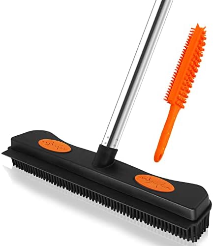 Goldcolin Rubber Broom for Pet Hair Remover, Carpet Rake Fur Remover Broom with Squeegee, Carpet Rake for Pet Hair Removal, Pet Hair Rubber Broom for Fluff Carpet, Hardwood Floor, Tile, Window