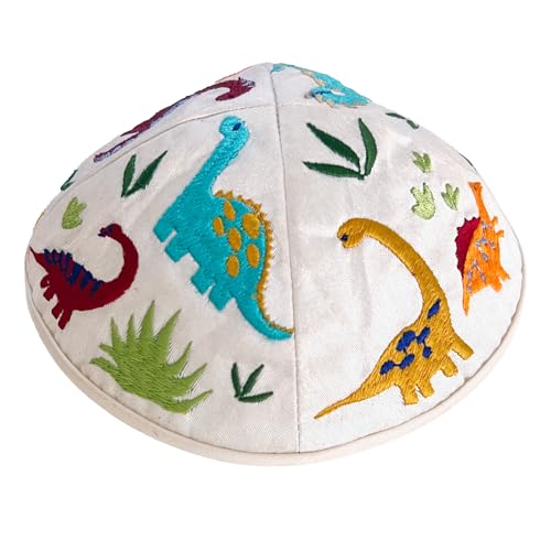 Yair Emanuel Embroidered Dinosaur Kippah for Kids – Colorful Illusrated Design 5” Cotton and Polyester Yarmulke for Children (US, Age, 4 Years, 13 Years, Standard, White YPA-7A)