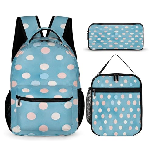 3Pcs Backpack Sets Light Blue Polka Dots Print Travel Daypack 3 in 1 Lightweight Backpack Set with Lunch Bag And Cosmetic Bag