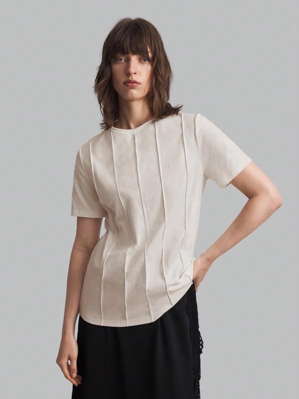 Image of DTR FASHION Women's Pure Cotton Styled with Vertical Pintuck Pattern Solid T-Shirt | Western T-Shirts for Women
