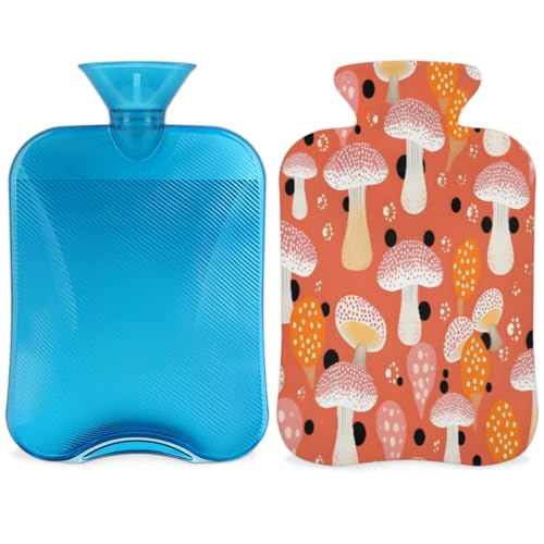 Hot Water Bottle with Soft Cover,2L Fantastic Mushrooms Hot Water Bag for Hot and Cold Compress, Hand Feet Warmer, Graffiti Mushrooms Rubber Hot or Cold Water Bottle Halloween Christmas Decorations