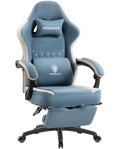 Dowinx Gaming Chair Breathable Fabric Game Chair with Gel Pad and Storage Bag, Comfortable Gamer Chair with Pocket Spring Cushion, Ergonomic Computer Chair with Footrest, Blue and White
