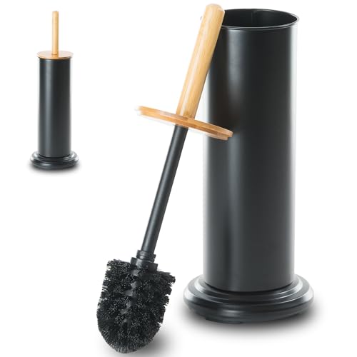 Leadfun Klobürste Toilettenbürste mit Bambus-Griff WC Bürste mit Metallhalterung Zwei Bürstenköpfe Beschwerte Sockel (Schwarz)