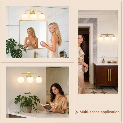 Image of Modern Brushed Gold 3-Lights Vanity Light Fixtures with Carved White Glass Ball Shades, Mid Century Brass Wall Sconce Lighting Fixtures over Mirror, Wall Sconces for Bathroom Dressing Table Bedroom