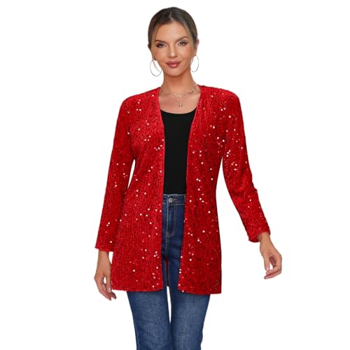 Women's Sequin Jacket Sparkly Blazer Open Front Glitter Cardigan Long Sleeve Coat for Casual Party Cocktail