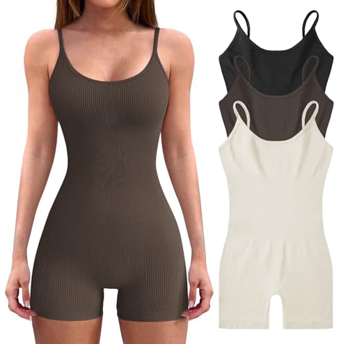 VINGOSTAR 3pcs Women’s Bodysuit Yoga Workout Romper One Piece Outfits Ribbed Sleeveless Going Out Bodycon Jumpsuit Shorts …