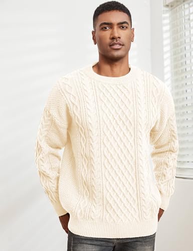 Men's Knit Sweater Crewneck Loose Fit Casual Twist Patterned Textured Long Sleeve Cable Knitted Pullover4