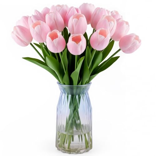 BTHM DSGN 20 Pcs Fake Tulips Flowers 16 Tall Realistic Touch Leaves Bottle Tulip Artificial Plants Indoor for Home Decor Small Office Home Living Room-Vase Not Include -Pink