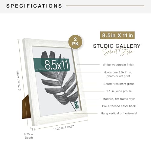 Image of MCS Studio Gallery Frame White Woodgrain, 2-Pack | Studio Gallery Picture Frame White Woodgrain Engineered Wood, Rectangle Photo Frame, 8.5x11 Inch, 2-Pack