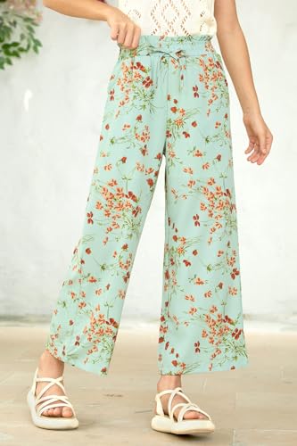 Image of Girls Summer Floral Wide Leg Pants High Waisted Flowy Dress Trousers with Pockets for School Lounge Beach 5-14 Years