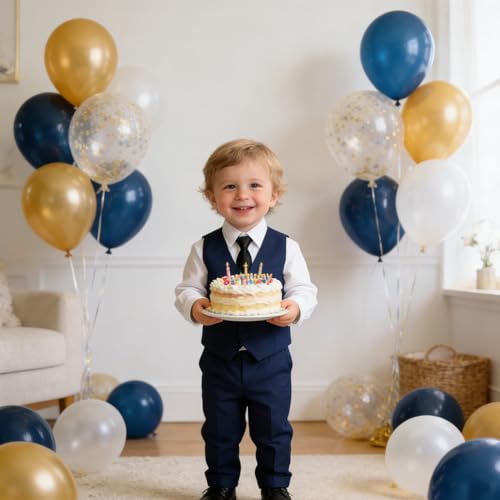 Image of Baby Boy Formal Suit for Toddler Infant Tuxedo Dress Suits | Little Gentleman, Wedding Ring Bearer Outfit, Vest Pants Long-Sleeve Shirt Tie, Birthday Party Christmas Prom, Classic
