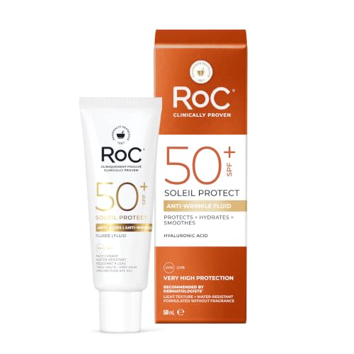 ROC Soleil-Protect Anti-Wrinkle Smoothing Fluid SPF50 50 ml | Protección muy alta SPF50+, filtros UVA/UVB yácido Hialurónico, alisa e hidrata la piel, resistente al agua, sin perfume