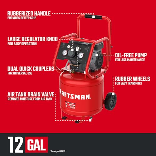 Image of CRAFTSMAN Air Compressor 12 Gallon Ultra Quiet Oil-Free 1.5 HP Max 150 PSI Vertical Tank Portable