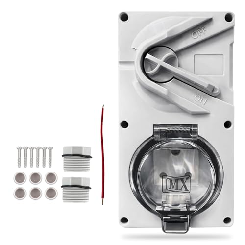 Image of MX IP66 Waterproof Outdoor Socket Box with Isolation Switch | 250V 16A Indian Socket | Dustproof Weatherproof 2 Module Modular Wall Box | Flame Retardant PC /ABS Cover for Garden, Patio & Outdoor Use