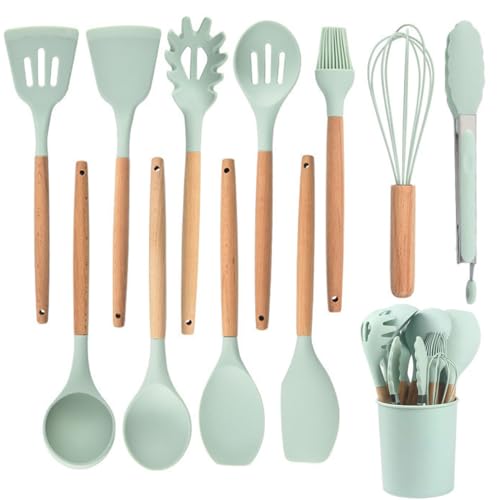 Kitchen Utensil Set 12 PCS Silicone Cooking Utensils Set with Wooden Handle Nonstick Cookware Tongs Spatula Spoon Set Heat Resistant Dishwasher Safe Best Kitchen Tools (Green)