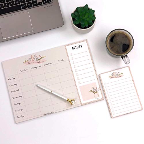 Papierdrachen Essensplaner Mealplaner und Einkaufsliste als Notizblock - Menüplanung leicht gemacht in DIN A4 und DIN A6 - Wochenplaner mit Blumenmuster - Ideal für den Haushalt - Set 13