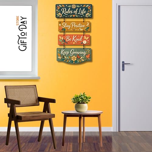 Image of Giftoday Wooden Hanging Wall Decor Sign for Home | Motivational, Spiritual, Garden & Quote Wall Hanging Plaque for Living Room, Bedroom, Entryway & Office Decor (Rules of Life Motivational)