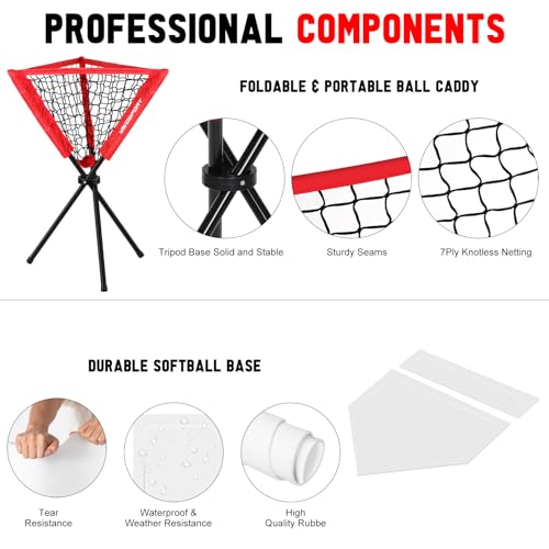 9-Square Pitching Target Net Set - Softball & Baseball Net with Strike Zone, Ball Caddy, Softball Base Baseball Accessories, Baseball Training Equipment for Adults, Youth Practice Game