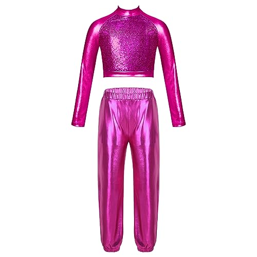JanJean Kids Girls 2Pcs Dance Tracksuit Shiny Metallic Crop Top with Athletic Sweatpants Jazz Hip Hop Jazz Dance Costume Hot Pink 10 Years