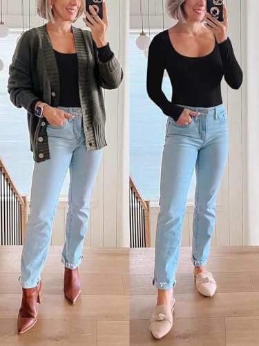 REORIA Womens Basic Sexy Scoop Neck Long Sleeve Leotards Fashion Fall Outfits Double Lined Layering Slim Soft Bodysuits Tops Black Medium - image 5