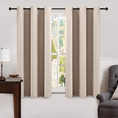MIULEE Linen Texture Curtains Soild 100% Blackout Thermal Insulated Natural Beige Curtains Grommet Room Darkening Drapes for Living Room Bedroom...
