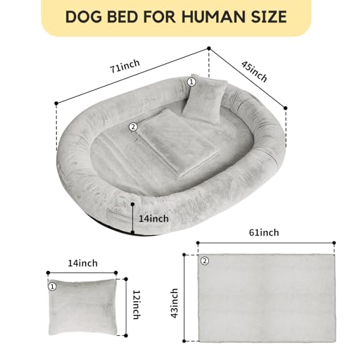 FURRYFECTION Hundebett für Menschen, 180x114x35,6cm großes Hundebett in Menschengröße für Erwachsene und Haustiere, waschbarer Kunstfellbezug, riesiges Nickerchenbett mit Decke und Kissen