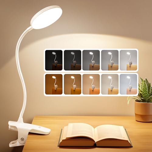 Mubarek Desk Light,3600mAh Battery Operated Light,5 Brightness+5 Color Clip on