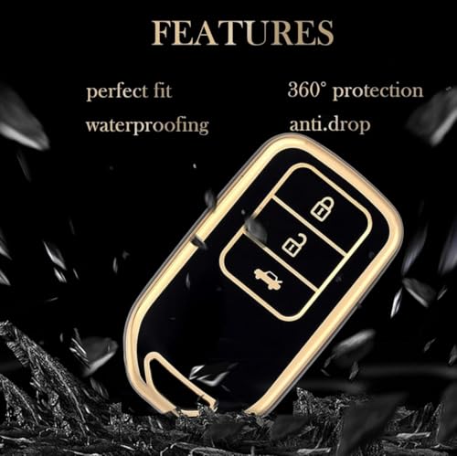 Image of TPU Car Key Cover Black & Golden Compatible for Honda City, Amaze, WR-V, Jazz, Civic, BR-V, CR-V (Honda, 3 Button Push Smart Key)