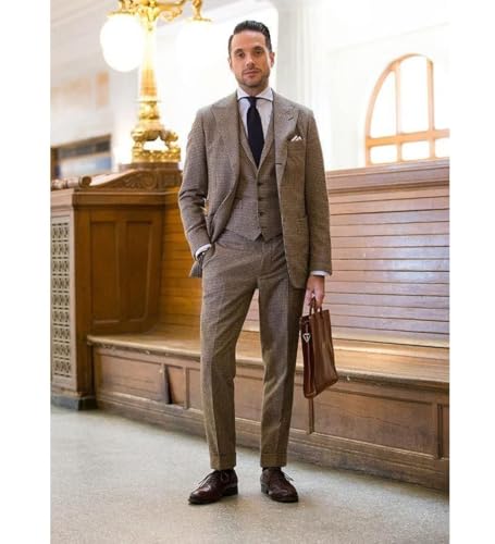 Men's Houndstooth Suit Work Office Single Breasted Button Tuxedo Three Pieces Set3