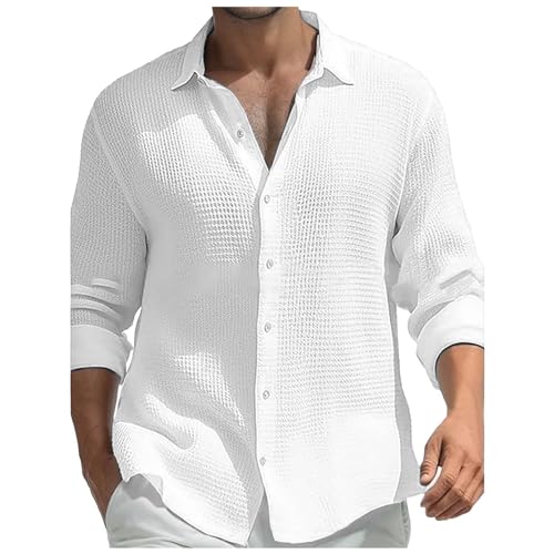 Camisa genérica para hombre de manga larga en color sólido con cuello de solapa con botones casual para vacaciones y ocio, blanco, S