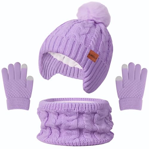 Image of Kids Winter Hat Gloves Scarf Set,Beanie with Pom Earflaps Neck Gaiter Fleece Lined Touchscreen Gloves for Girls Boys 3-10Y