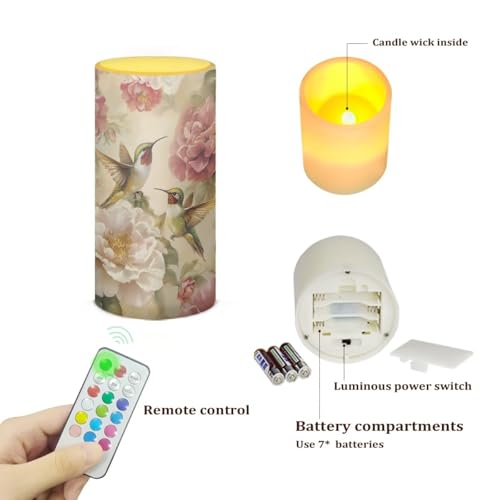 Image of Poceacles Retro Floral Hummingbird Candle Electric LED Lights with Dancing Flame Timer Remote Color Lights, 3 AAA Batteries Operated (Not Include) Vintage Tealight for Home Indoor Decor
