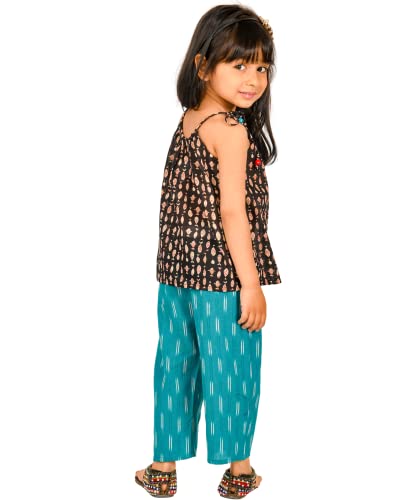 Image of Baby Girls Dresses Cotton Clothes Top Pant Set 1 To 4 Years Black Blue Birthday Party Outfit Children Fish Print Shoulder Tie Summer Wear