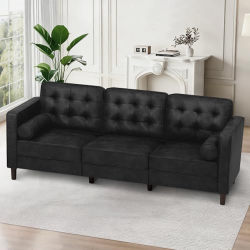 Image of 84 inch Suede Leather 3 Seater Sofa with Two Bolster Pillows, Tufted Sofa with Wooden Legs, Mordern Couch for Living Room, Office, Apartment, Black