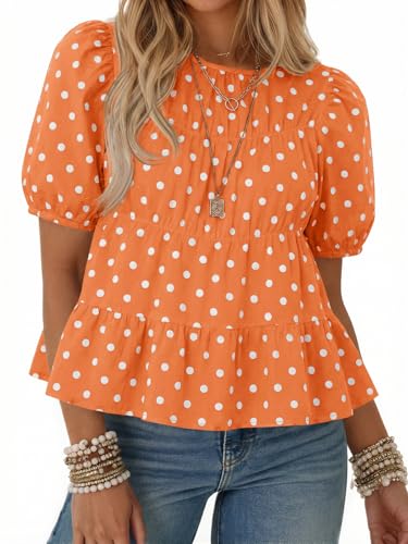Image of Tankaneo Womens Puff Sleeve Peplum Babydoll Tops Summer Flowy Pleated Cotton T-Shirts Casual Loose Fit Cute Blouse