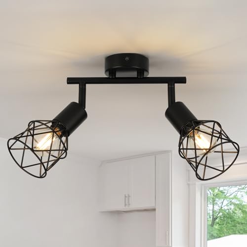 FORCOSO Ceiling Lights Spotlight, 2 Way Spot Lights 350°Adjustable, E14 Base Black Light Shade Metal Wire Cage Light Fittings