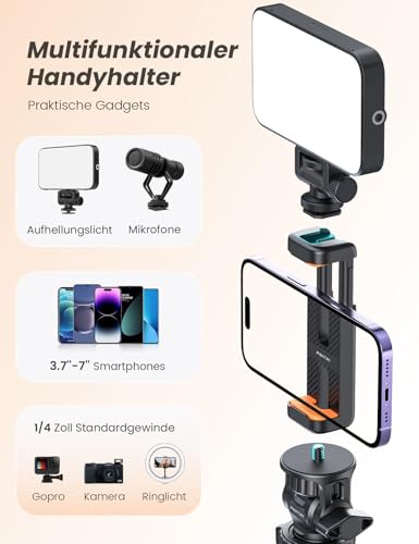 Handy Stativ mit Selfie-Licht, Stabiles Erweiterbarer Aluminium Stangen für Smartphone, Einstellbares Aufhelllicht mit Integriertem Ständer für Videokonferenz, Make-up, Vlog