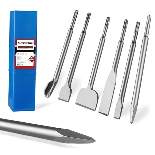 Keewaki 7PCS SDS Plus Chisel Set with Case 10-Inch Rotary Hammer Chisels for Concrete Tile & Masonry Heat-Treated Steel Includes Point Flat Grooving Scraping Tile & 3-Inch Scaling Chisel