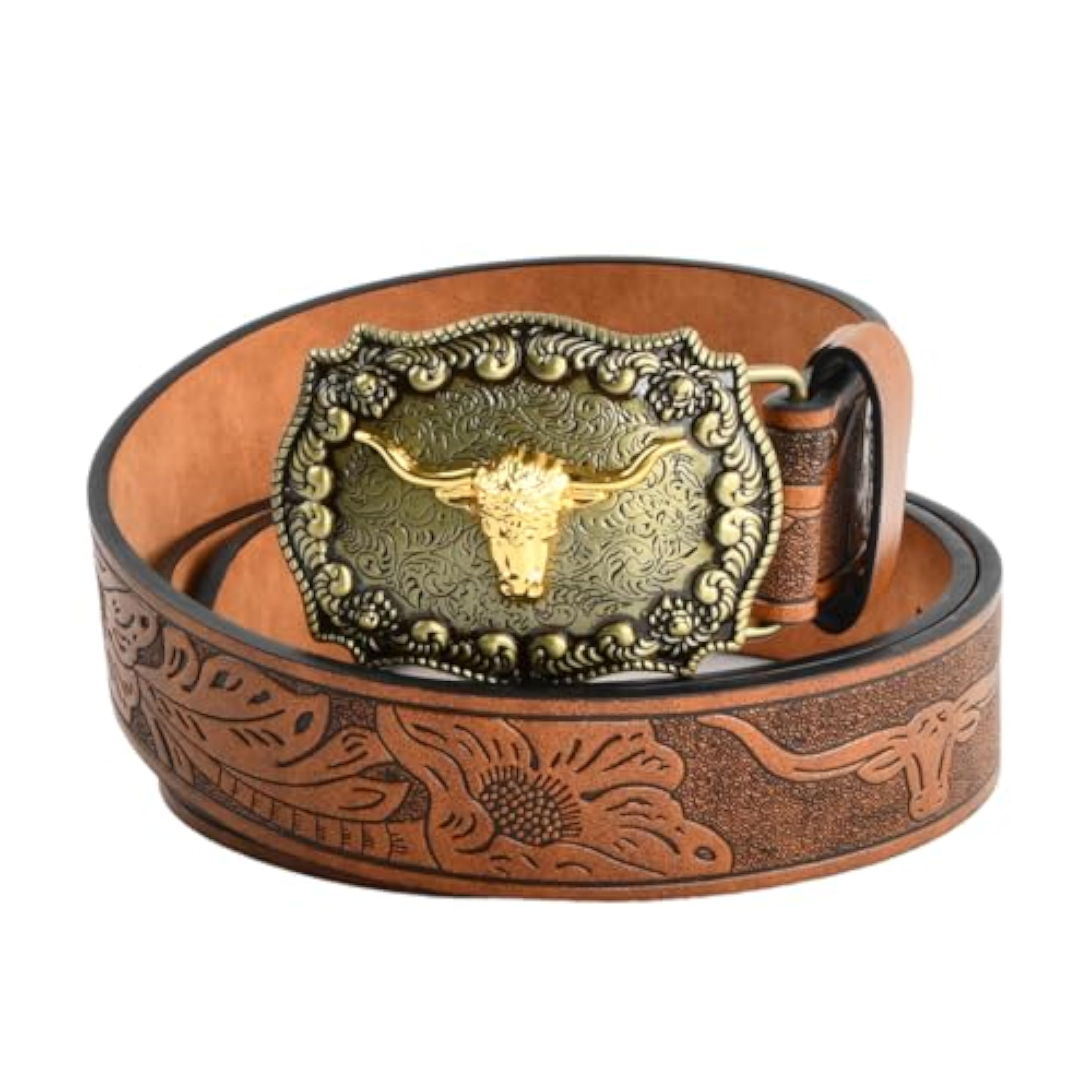Amexo Cinturón de Cuero, Cinturon Vaquero Occidental Vaquera Grabado Floral Toro de Cuerno Largo para Hombres Cinturón Occidental con Hebilla Marrón para Hombres Mujeres