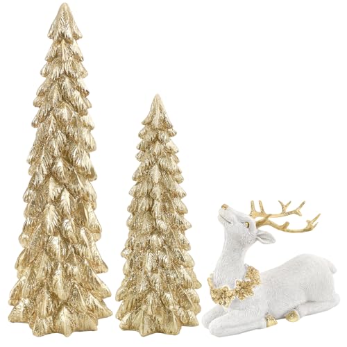 Binsuns 3 Pack Christmas Trees And Reindeer Figurines Decoration- 2 Glittered Christmas Tree Statues And 1 Deer Vintage Christmas Decor Set cover
