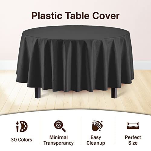 Image of Party Solids Black Round Plastic Tablecloth - 84 Inch, Pack of 24