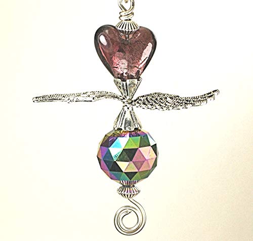 Iridescent Amethyst and Purple Glass Heart and Angel Wings Rear View Mirror Car Ornament Charm