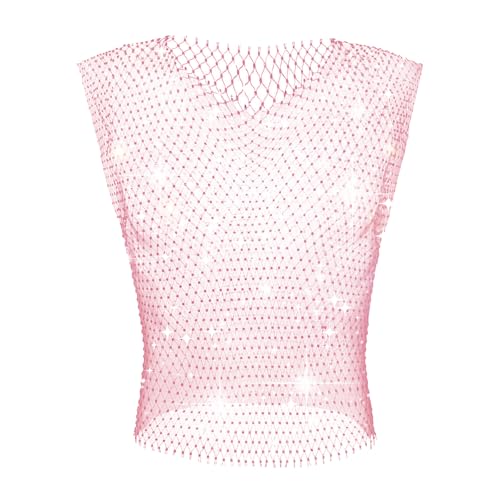 Rhinestone Mesh Top Men Fishnet Tank Top Sexy V-Neck Sleeveless Cropped Shirt Rave Sheer Vest