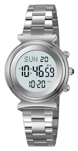 Gosasa Women's Digital Watch Stainless Steel Elegant Business Dress Ladies Bracelet Wristwatch Waterproof Dual Time Date LED Easy to Read Gift for Women (Silver)