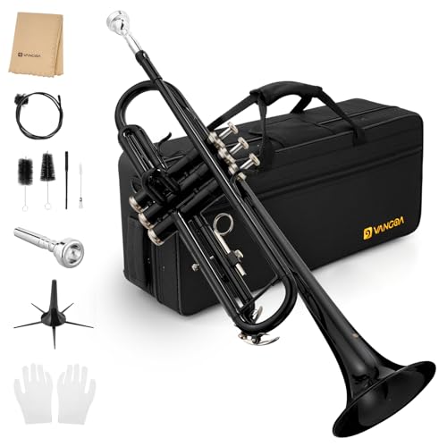 Vangoa Bb Trumpet Brass Standard Black Trumpet Instrument for Student School Band Orchestra Adult Kid Beginner with Hard Case, Stand, Cleaning Kit, White Gloves, Valve Oil and 7C Mouthpiece