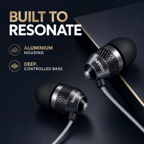 Image of Betron B25 Earphones, Noise Isolating in-Ear Wired Headphones, Black | Strong Bass, Tangle-Free Cord, Lightweight, Carry Case and Soft Earbud Tips