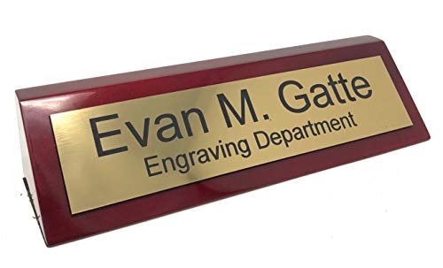 Personalized Engraved Business Desk Name Plate Red Rosewood - 10\" Length Desk Block (Gold w/Black Text)