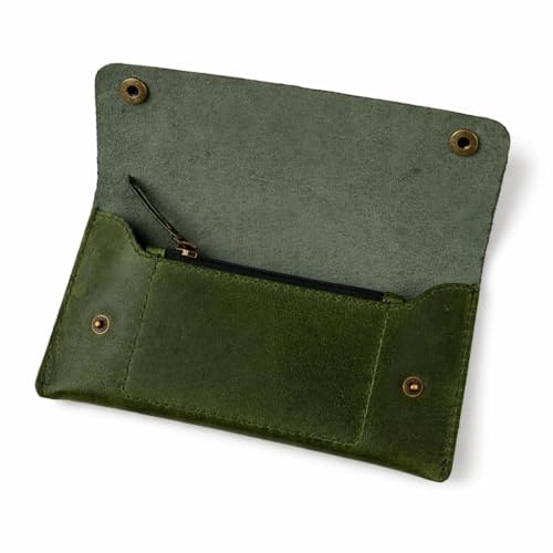 Image of Leather Currency Pouch - Handmade Cash Organizer with Double Button Closure & Zipper Pocket, Compact Money Holder for Travel & Everyday Use, 4 x 8 Inch (Green)