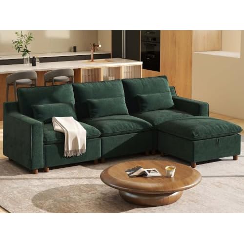 Ihanherry 103" Modular Sectional Sofa with Storage Ottoman, L Shaped Chenille Cloud Couch with Deep Seat and Seamless Backrest, Couches for Living Room, Green